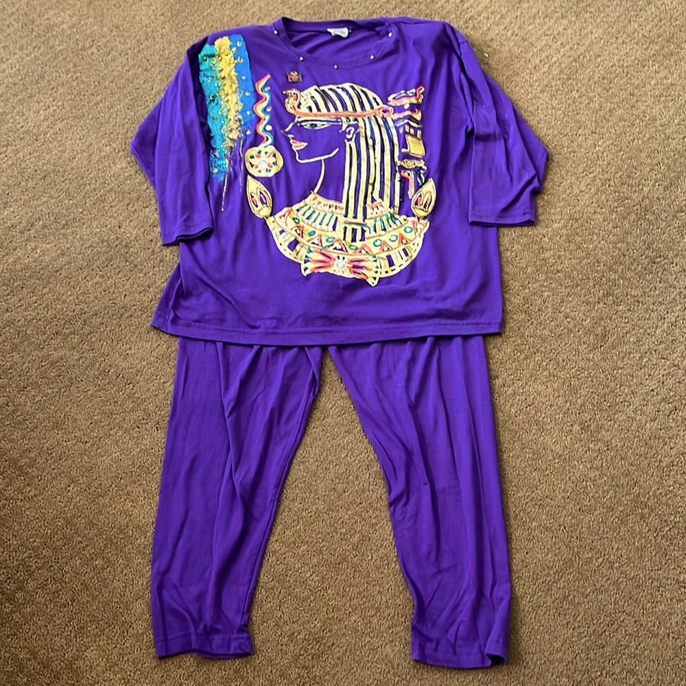 Bright purple tunic and leggings set with brightly painted Egyptian pattern.